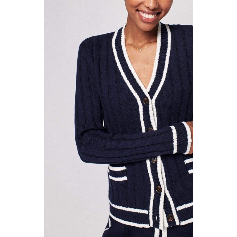 Faherty Game Set XS Organic Cotton Cashmere Rib Knit Cardigan Navy Tennis Preppy